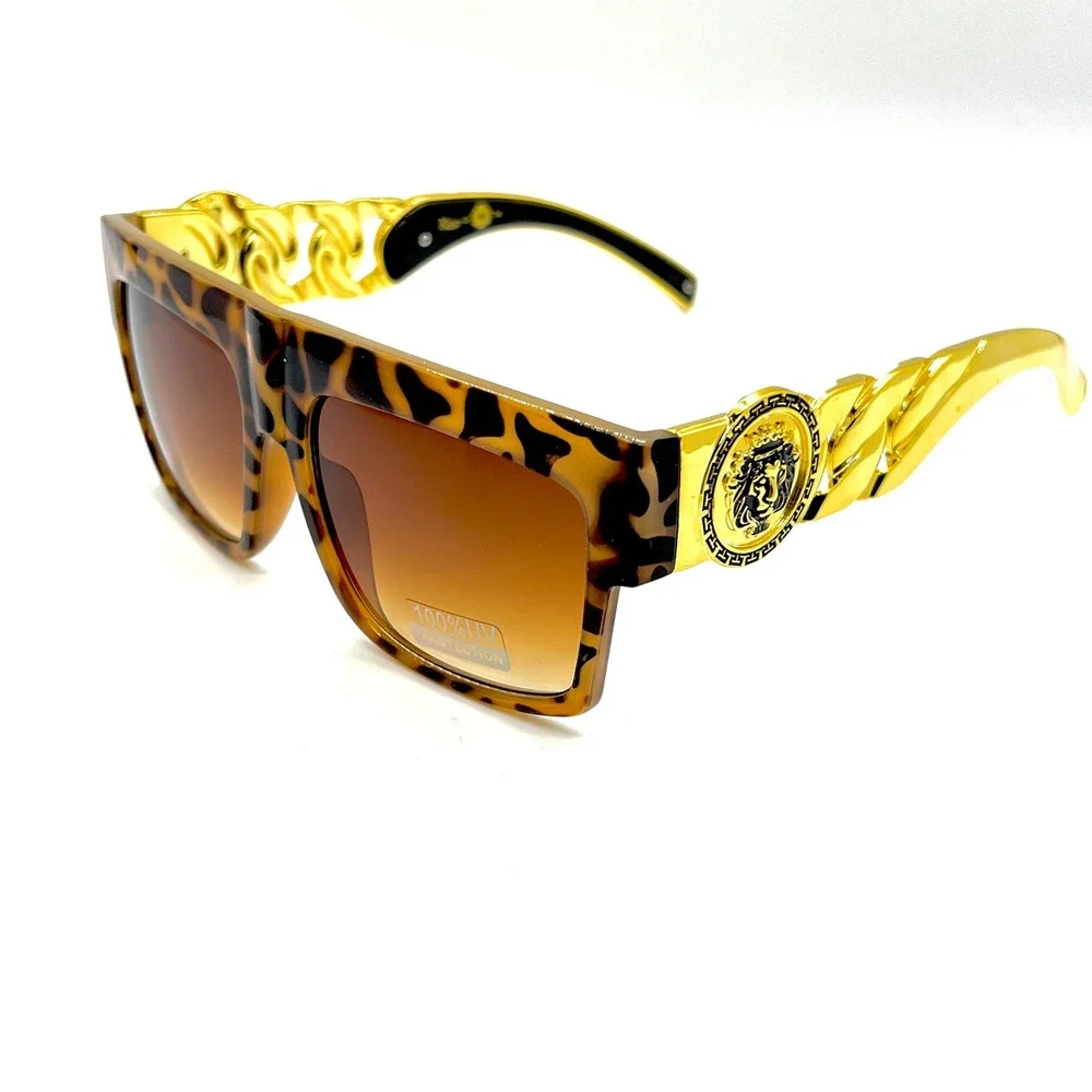Oversized FLAT TOP SUNGLASSES‎ LARGE DESIGNER CHAIN HIP HOP Tortoise Brown Lens